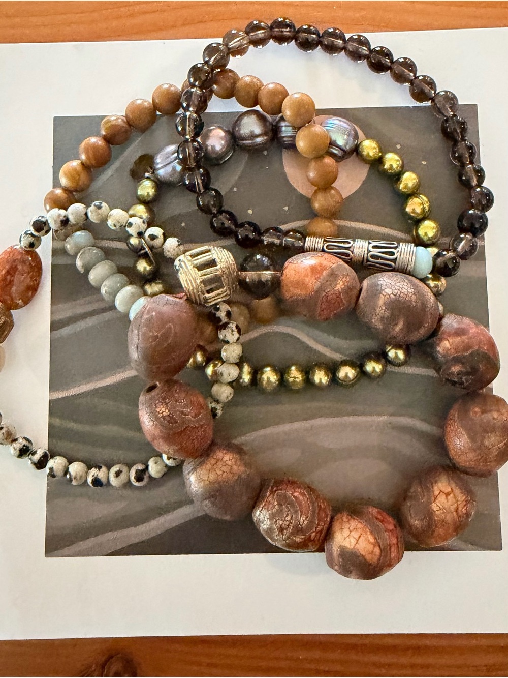 Mixed Gemstone Bead Stretch Bracelet Set in Brown and Gold